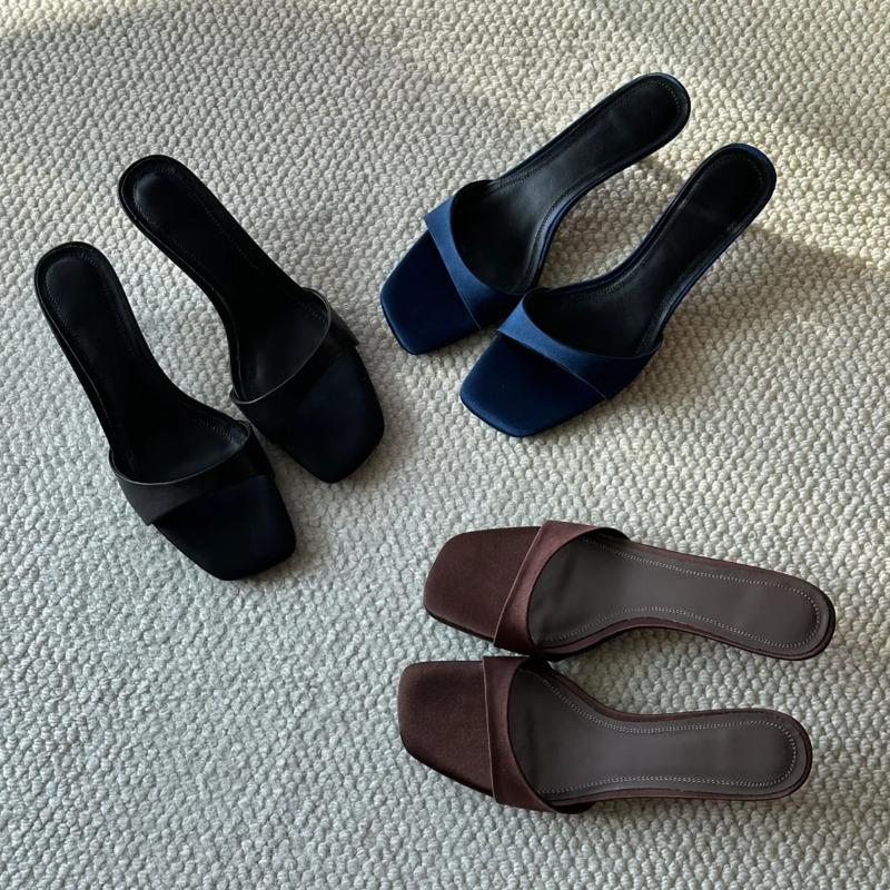 Sheepskin version~ Temperament high-heeled cool slippers wear one-word square head open-toed minimalist style fine-heeled sandals women