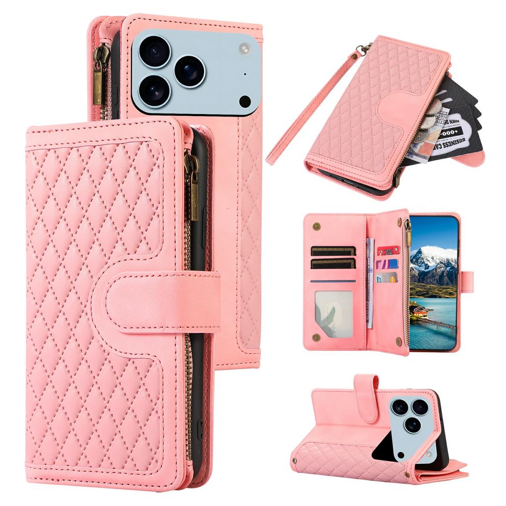 For iPhone 17 Pro Case 9 Card Slots Rhombus Design Leather Phone Cover with Wrist Strap
