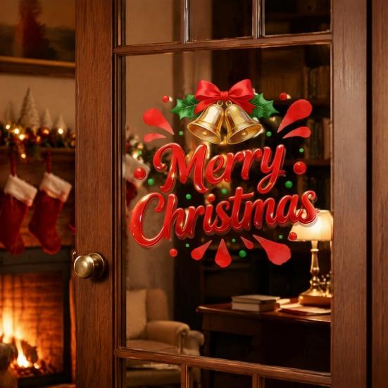 Festive Mirror Decorations Merry Christmas Static Glass Sticker, Window Decals with Bell Wall Stickers Elements, Removable Clings for Home Store