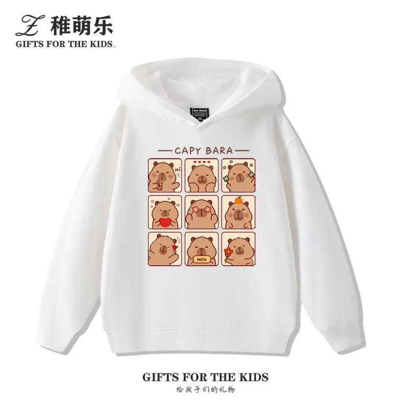 Sudadera con capucha infantil con estampado de capibara, otoño e invierno, para niños y niñas, forrada de felpa, versátil y a la moda.