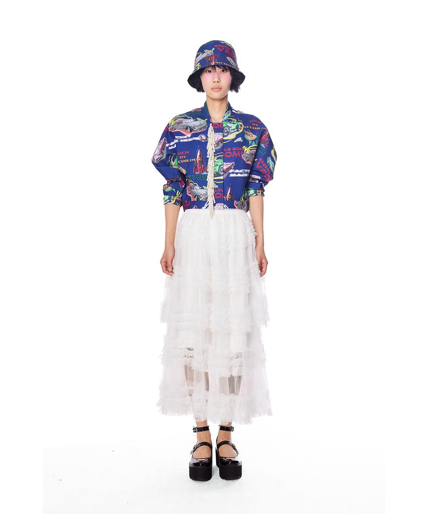 Greedius Sheer Ruffle Lace Maxi Skirt
