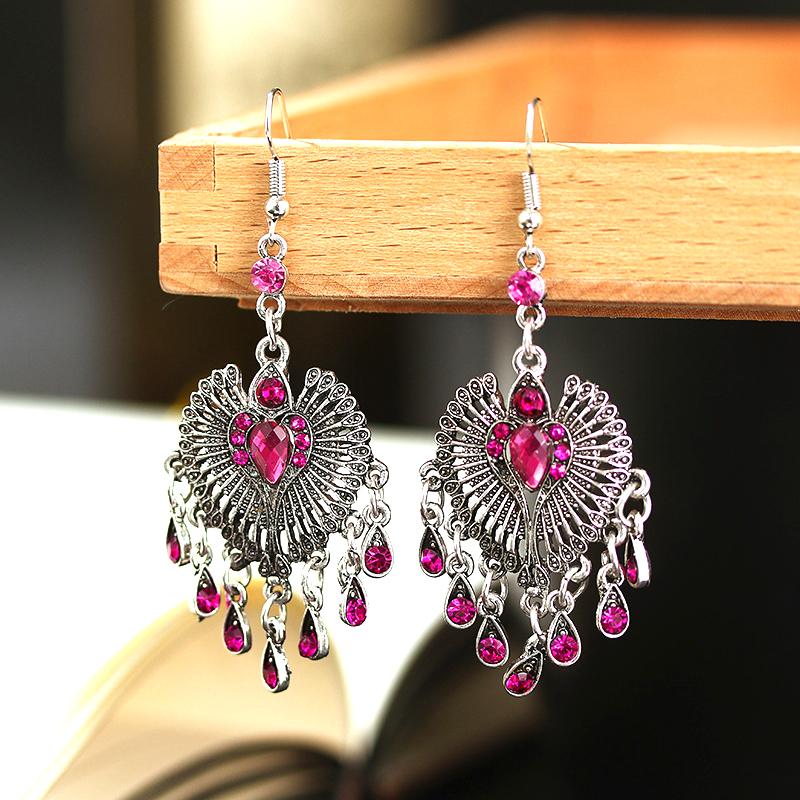 Ethnic Vintage Romantic Rose Red Heart Earrings for Women Simple Silver Color Water Drop Tassel Earring Wedding Party Jewelry