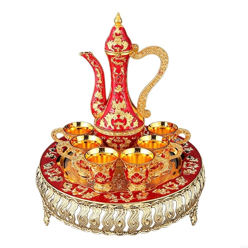 Elegant European Metal Barwares Set With Florals Embossed Decanter Tray and Glasses for Home Entertaining B03E