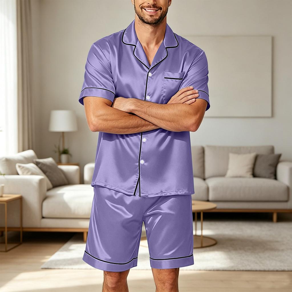 Conjunto de Pijama Satinado de Manga Corta para Hombre con Pantalones Cortos, 2 Piezas, con Bolsillo