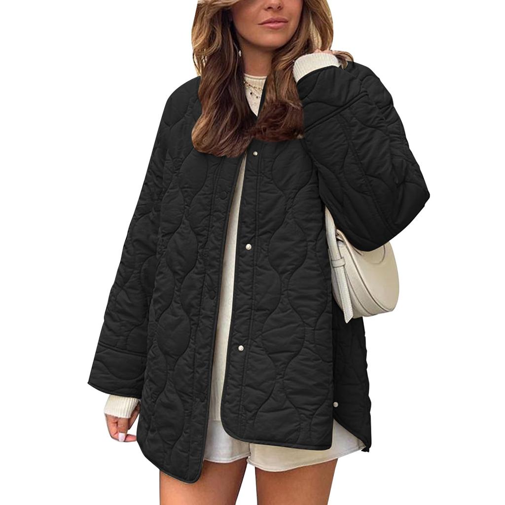 Women's Casual Crewneck Jacket With Pockets, Buttons, Solid Color And Long Sleeves