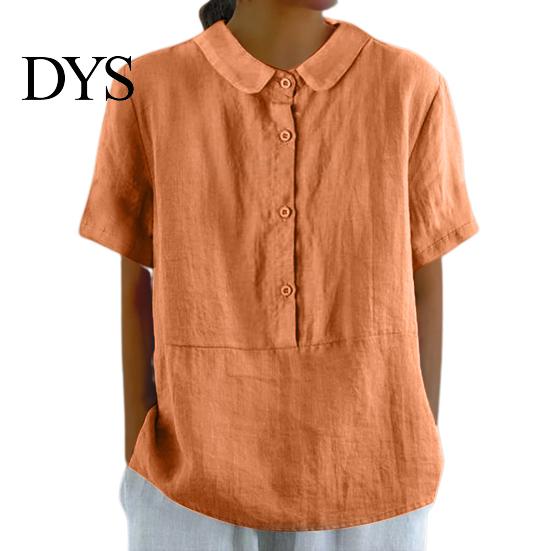 Women Shirt Casual Doll Collar Buttons Half Placket Short Blouse Sleeve Single Breasted Solid Color Loose Fit