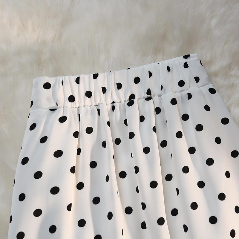 Sexy Vintage Pokal Dot Print Trumpet Midi Skirt Women Back Elastic Band Side Split Ruffles Long Black Skirts