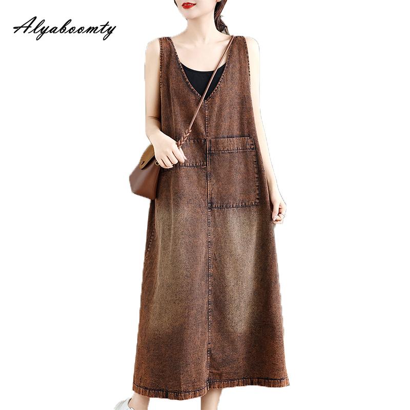 Korean Style Plus Size Spring Summer Women Sundress V Neck Brown Denim Sleeveless Tank Dress Vintage Casual Loose Basic Ladies' Midi Dress