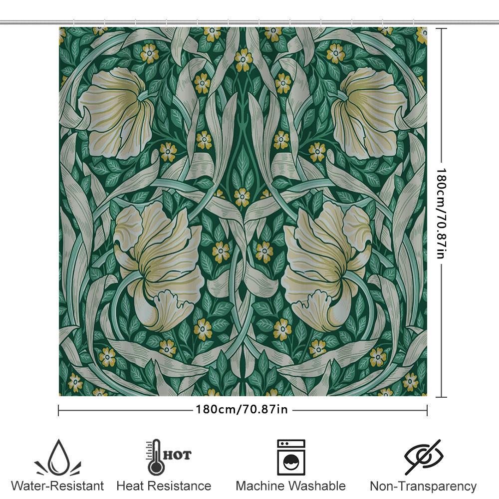 Green Floral Shower Curtain With White Flowers, Long Lasting Waterproof Decorative Fabric Shower Curtains For Bathroom Renovatio