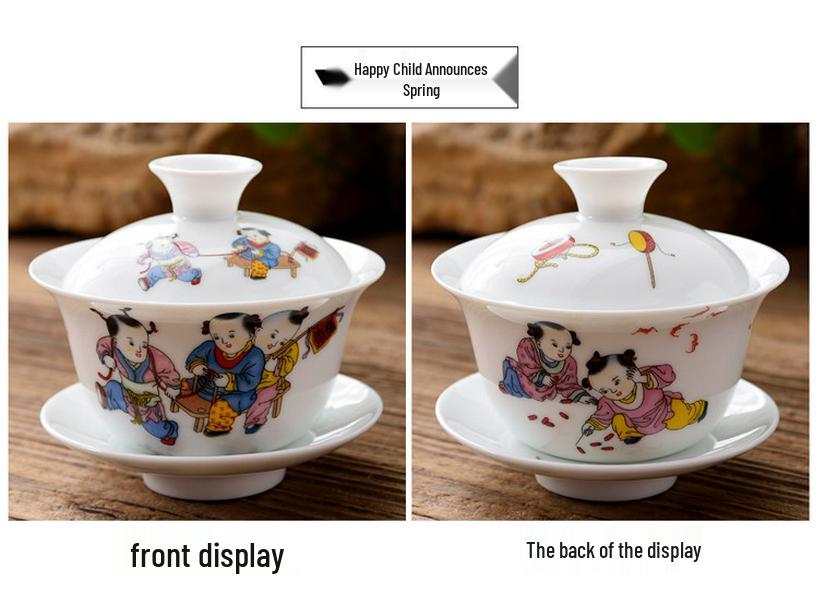 3.4-Inch Blue & White Ceramic Gaiwan Tea Set - 3-Piece, 100ml Capacity