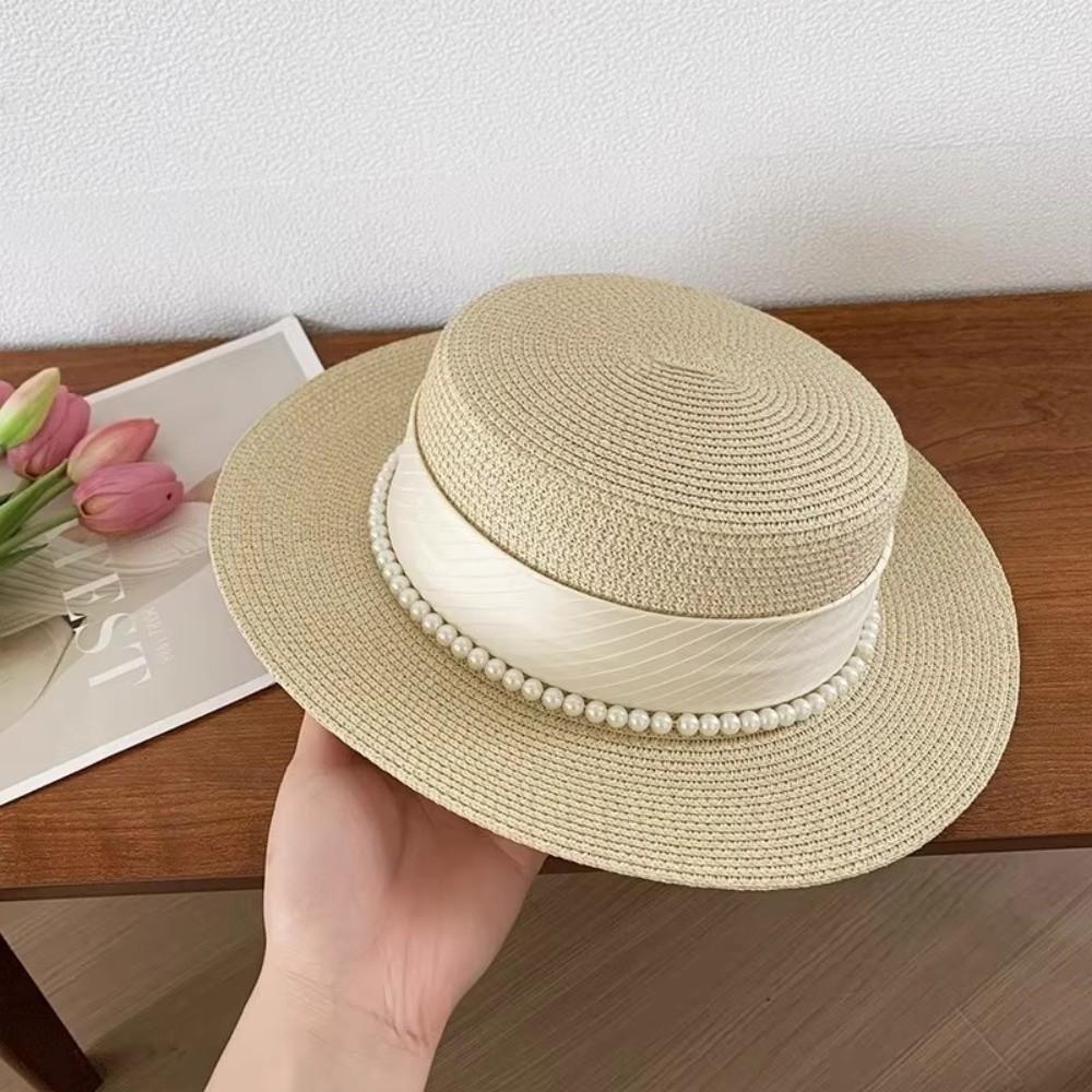 New French Hepburn Style Straw Hat Solid Color UV Protection Pearl Chain Hat Breathable Straw Weaving Flat Sun Hat Beach Wear