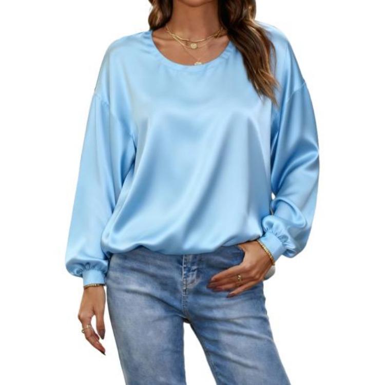 

Solid Color Women Tops Loose Fit Blouse Round Neck Long Sleeve Casual Work Party Date Wear S небесно-голубой