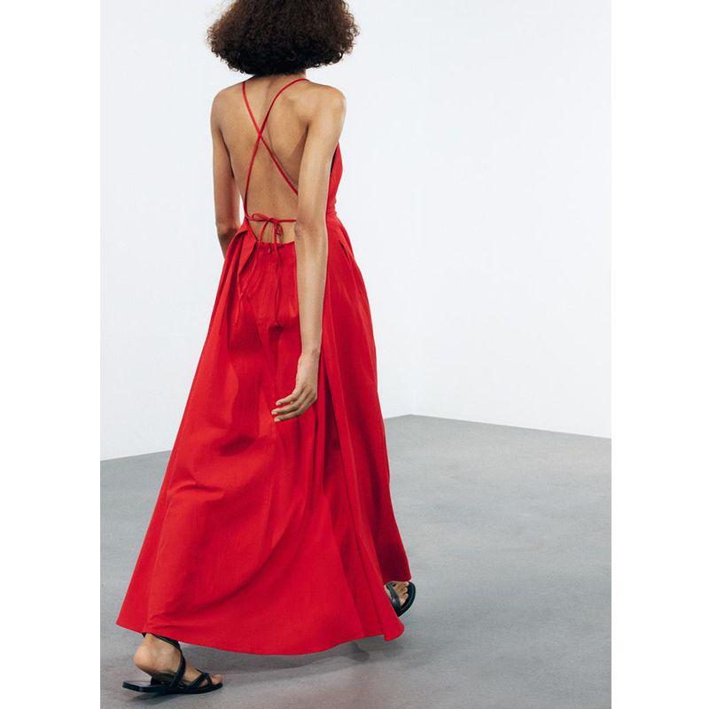 Spring and Summer Women's Clothing Sexy Style Cotton Blend Pleated Decoration Open Back V-neck Elegant Long Dress 2816653