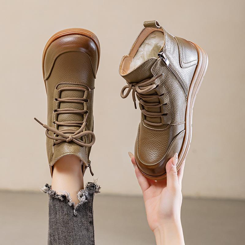 Winter New Leather Wool Martin Boots Casual Versatile Thickened Velvet Non-slip Flat Cotton Shoes Women's Short Boots