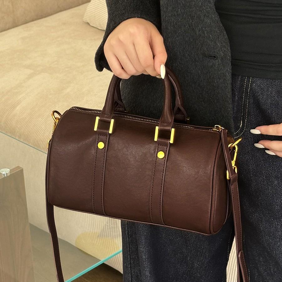 Leather Maillard Retro Handbag Women'S Bag Light Luxury Foreign Style Boston Bag Vegetable Tanned Cowhide Messenger Bag Bag