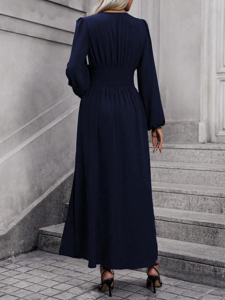 Abito da Donna Autunno/Inverno con Maniche a Lanterna e Spacco Alto in Nero, Blu Navy, Rosso Vino, Verde Militare e Stampa Leopardo