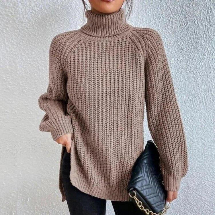 Soft Warm Knitwear Turtleneck Split Sweater Solid Mid Length Pullover Long Sleeve Raglan Casual Fashion Autumn Winter