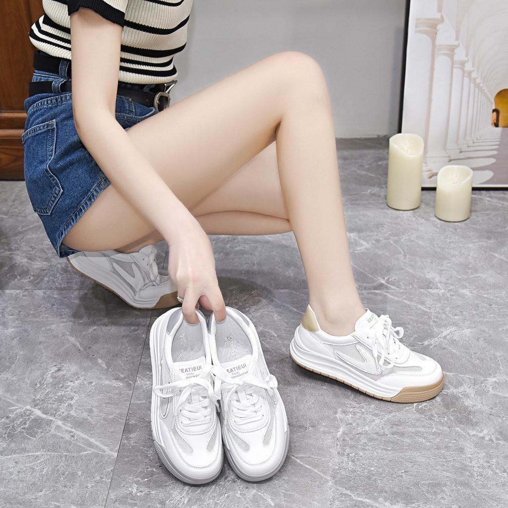 Little White Shoes Women's Shoes Spring and Summer Cowhide Mesh Single Shoes Flat Baseplate Shoes Lace-up Casual Shoes