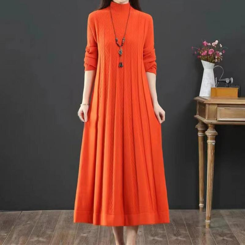 Vestido de Punto Otoño e Invierno Cuello Medio Alto Suelto Por Encima de la Rodilla Línea A Falda Suéter Suéter Largo Camisa de Fondo para Mujer