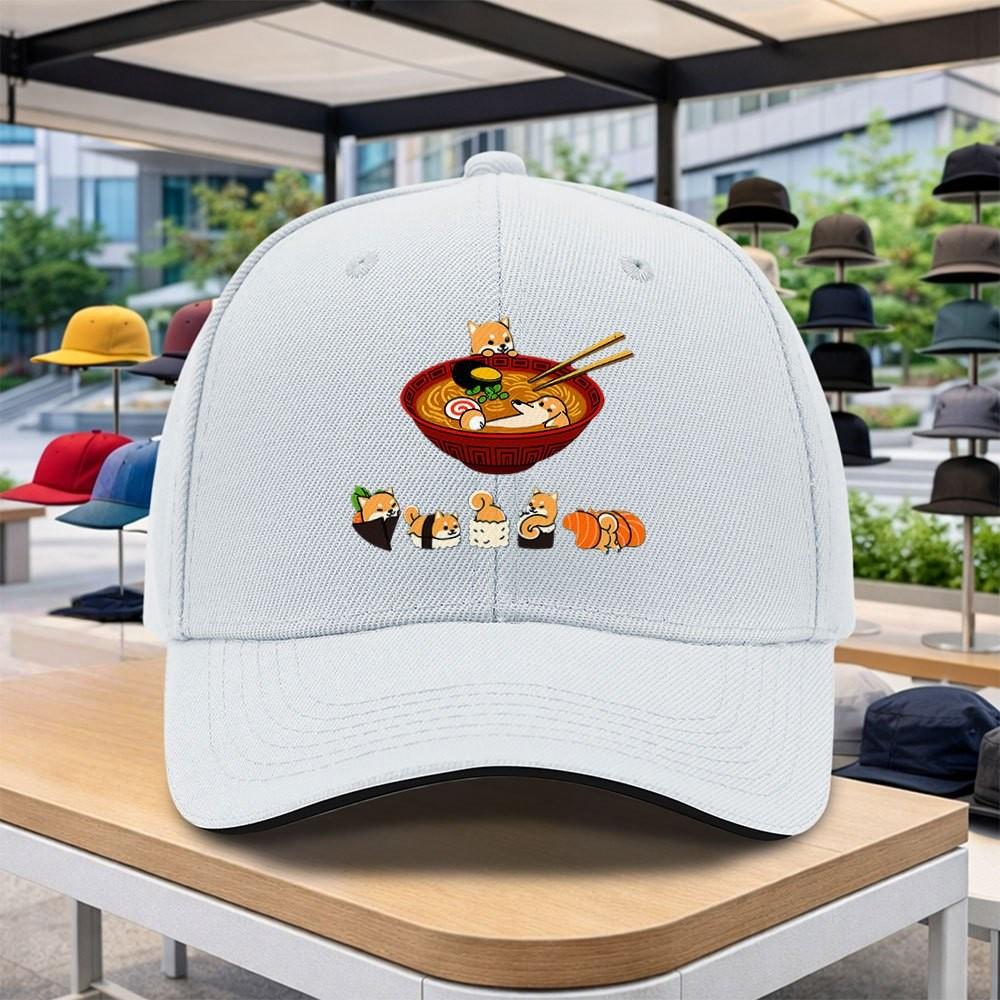 Shiba Inu Ramen Sushi Print Baseball Cap Adjustable Curved Brim Lightweight Casual Hat For Fans Themed Events