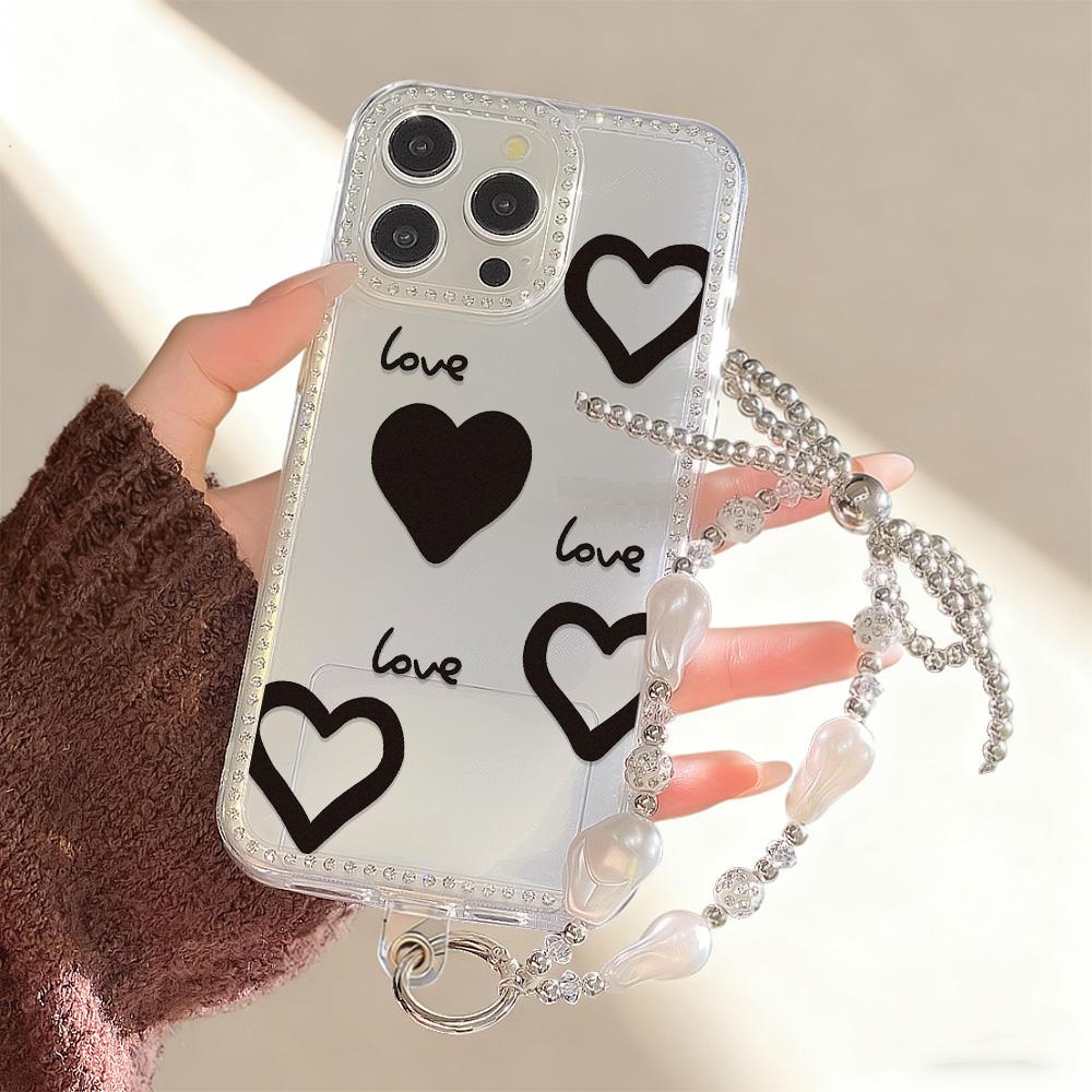 Bracelet Chain Phone Case For iPhone 17 16 15 13 14 for 17Air 17 12 14 16 Pro 17 14 16 Pro Max Sparking Diamond Cute Pattern Hard Cover With Lanyard