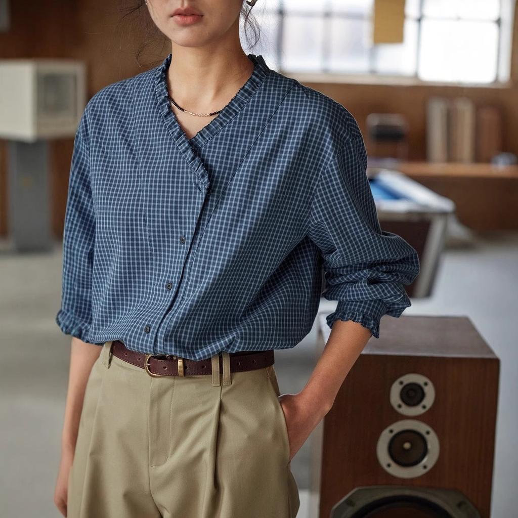 French retro plaid v-neck ruffle edge shirt women's long-sleeved shirt top thousand bird plaid