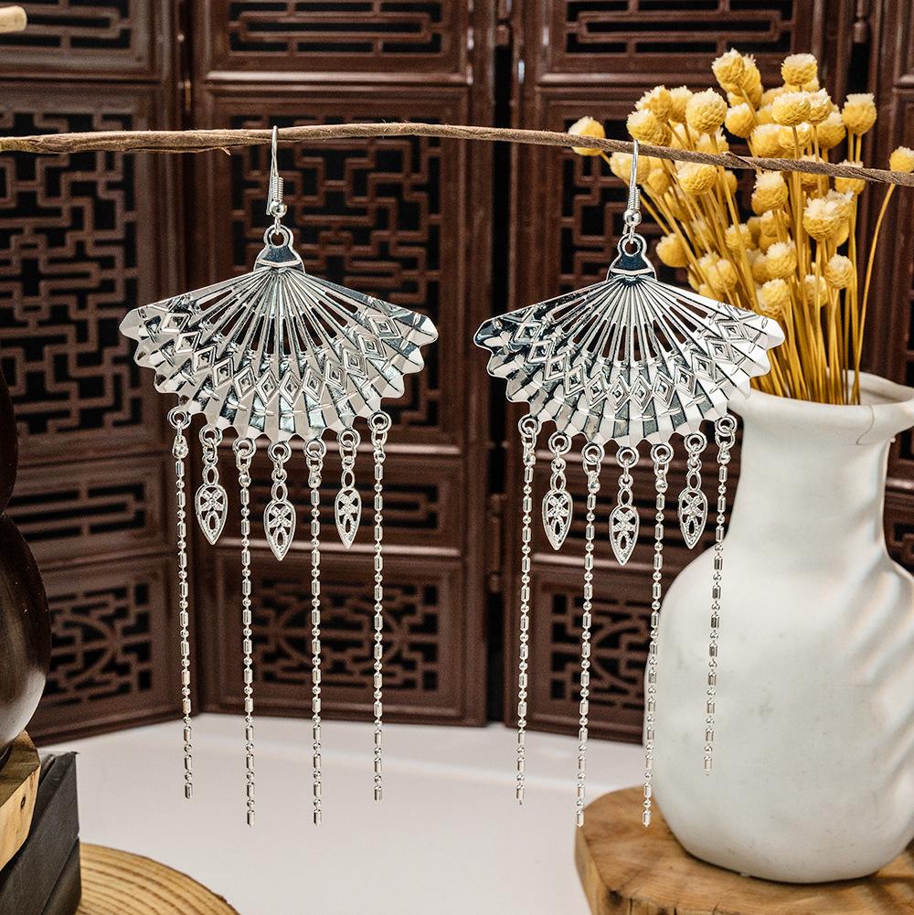 Ethnic Style Miao Geometric Bells Fringed Earrings, Minority Earrings Bohemian Long Leaf Earrings