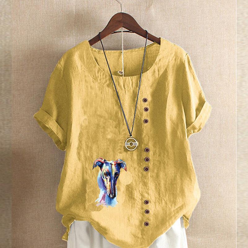 Women's Fashion Colorful Dog Prined Round Neck Short Sleeve T-shirt Casual Cotton Linen Graphic Shirt Leisure Loose Summer Blouse Tops