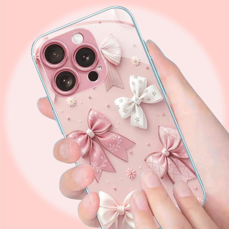 Pink Bow Design Tempered Glass Phone Case Suitable for iPhone17 16 15 14 13 12 11Pro/Max/Plus Anti Drop and Shockproof Backcover