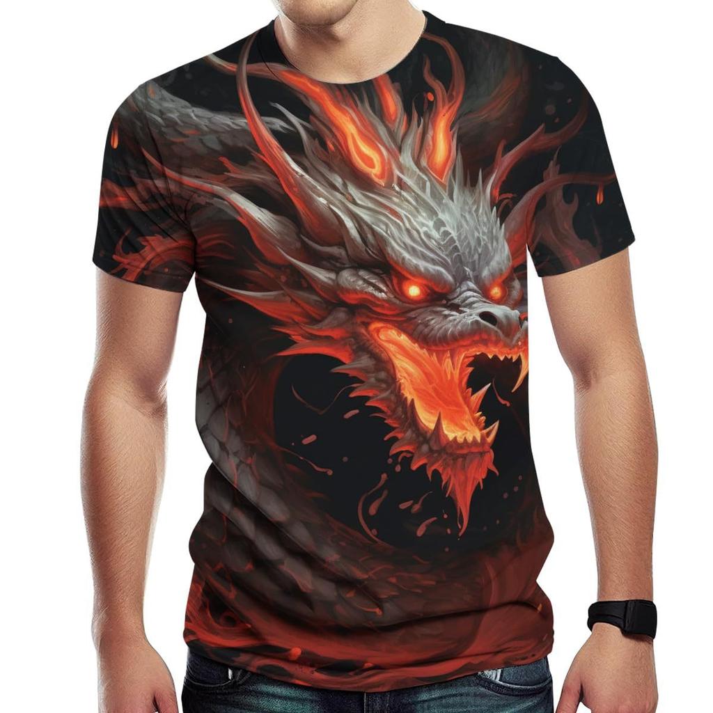 Summer Round Neck 3D Dragon Pattern Print Top Fashionable Casual Short Sleeved Men's T-shirts