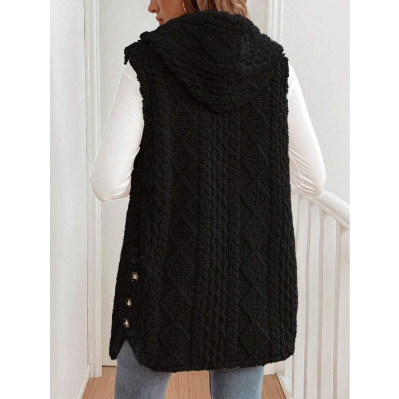 Damen zweiseitige Fleece-Weste, lässig, mit Kapuze, zum Knöpfen, ärmellos