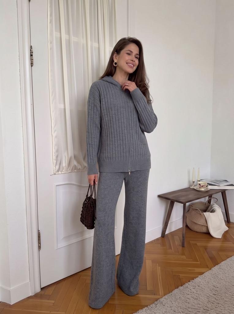 2026 Fall Winter New Knit Sweater Set for Women Hooded Zip Cardigan Wide Leg Pants 2 Piece Ribbed Knit Outfit