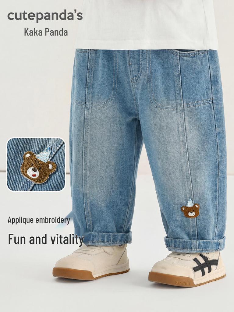 Kaka Panda Kids' Spring Jeans: Trendy Long Pants for Boys & Girls, Ideal for Toddlers in Spring & Autumn.