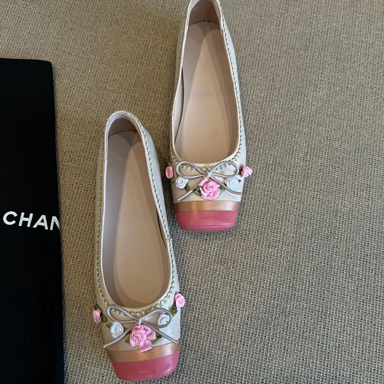 Lammfellversion~ Feenblumenlicht Mundschleife Ballerinas Damen Französisches Temperament Farbabstimmung Quadratische Zehenpartie Dicke Ferse Einzelne Schuhe