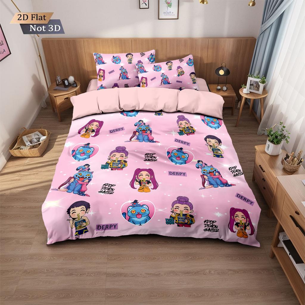 3pcs K-Pop Demon Hunters Print Coreless Down Duvet Cover Various Sizes Soft Bedroom Bedding Decoration, Machine Washable