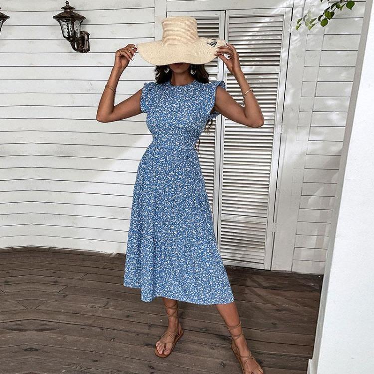 Chic Retro Women Sleeveless Floral Summer Dress High Waist A Line Midi Long Blue O Neck