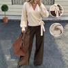 2026 A/W Knit Women's Irregular Short V-Neck Tie Waist Long Sleeve Sweater