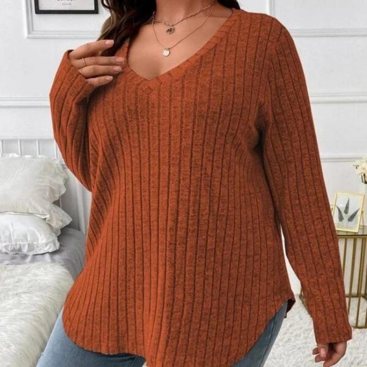 Women Plus Size Long Sleeve T-Shirt V Neck Striped Knitted Top Casual Loose Blouse Spring Solid Color Tops 5XL