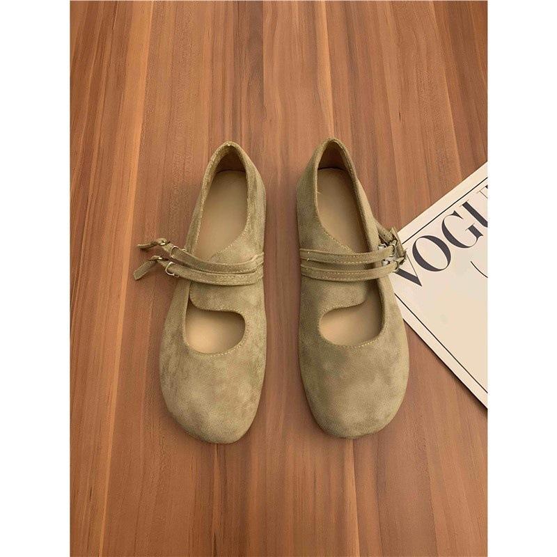 Mori literary and artistic style frosted leather Mary Jane shoes one-word buckle with shallow mouth round head flat-bottomed ballet shoes