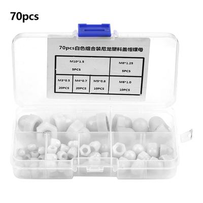 70 Stück M3M4M5M6M8M10 Nylon Hutmutter Set Domkopf Kappe Sechskantmuttern (Weiß)