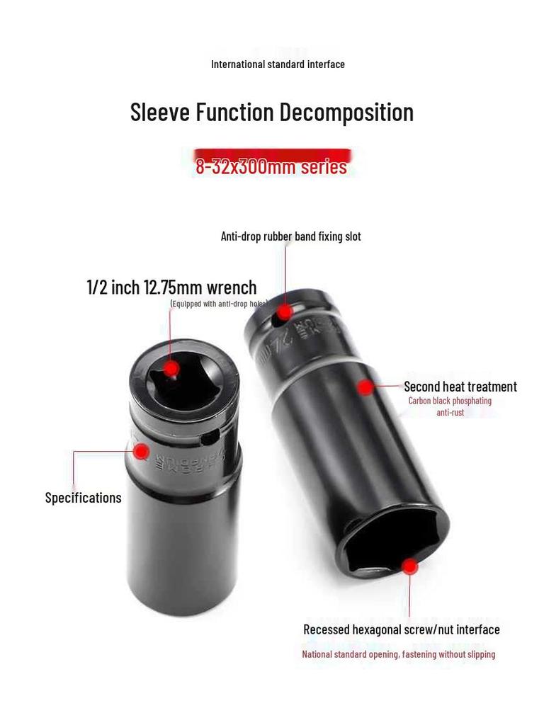 Extended Electric Socket Wrench Set with Large, Medium & Small Hexagonal Air Gun Heads for Auto Repair