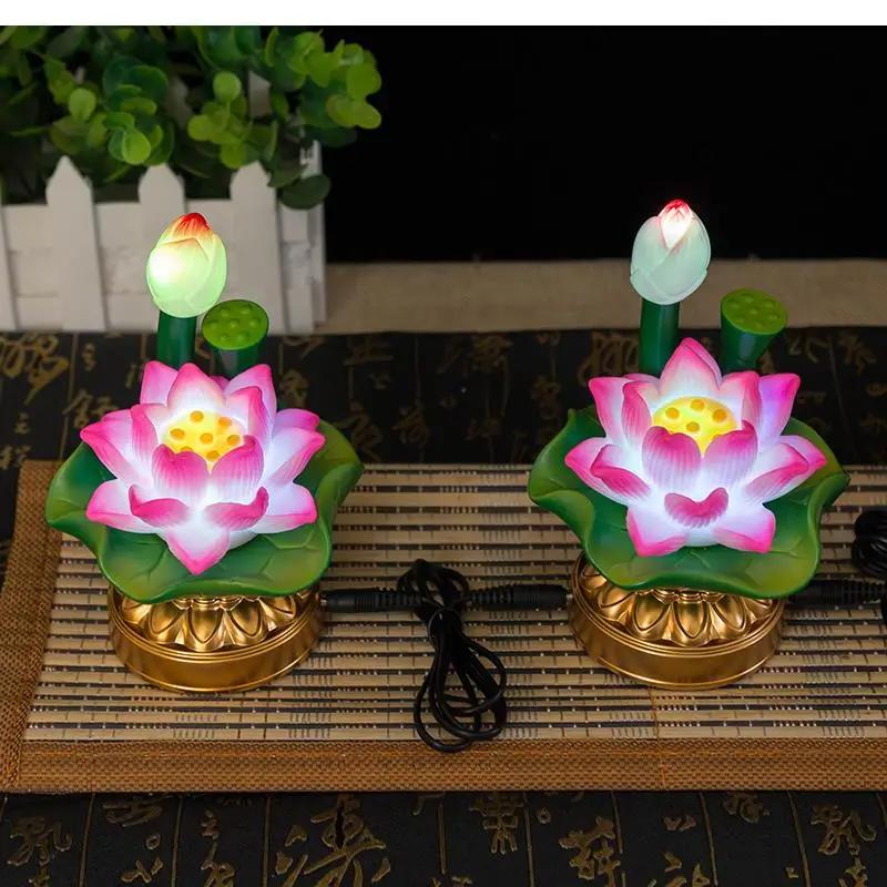 2pcs Simulated Candle Holder Ornament Lotus Shaped Design Buddha Hall Desktop Decor Household Sacrificial Supplies Feng Shui