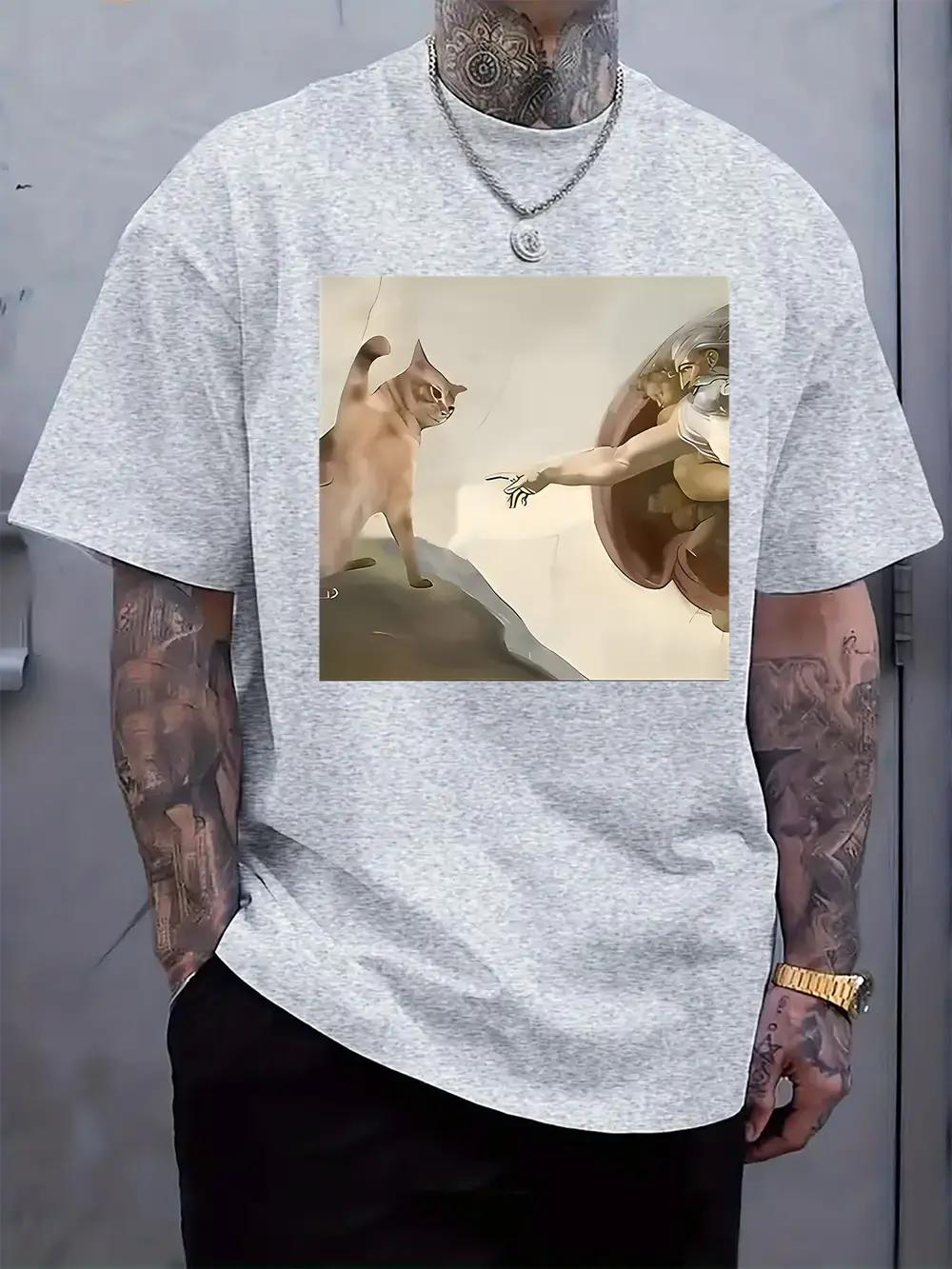 

Casual Crew Neck T-shirt with Creation Cat & Angel Print - Short Sleeve XXL