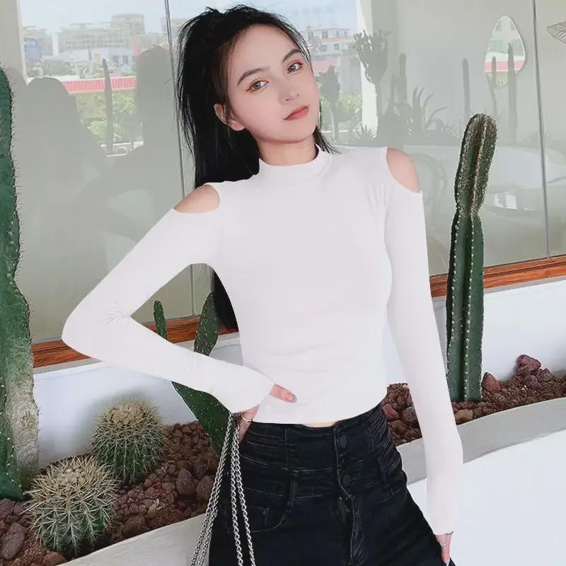 Women's Black Off-Shoulder Long Sleeve Crop Tops - Autumn/Winter High Collar Cotton Fashion T-Shirts