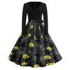 Women's Casual Vintage Halloween Print V Neck Long Sleeve Dress with Waist Tie and Flared Skirt for Everyday Wear
