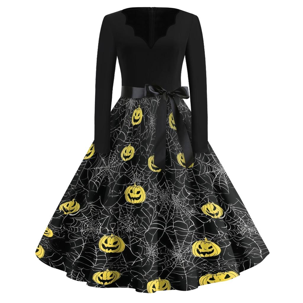 Women's Casual Vintage Halloween Print V Neck Long Sleeve Dress with Waist Tie and Flared Skirt for Everyday Wear
