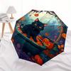 Halloween Black Cat with Pumpkins Round Rug Umbrella, Portable 3-Fold Compact Umbrella for Men & Women R145