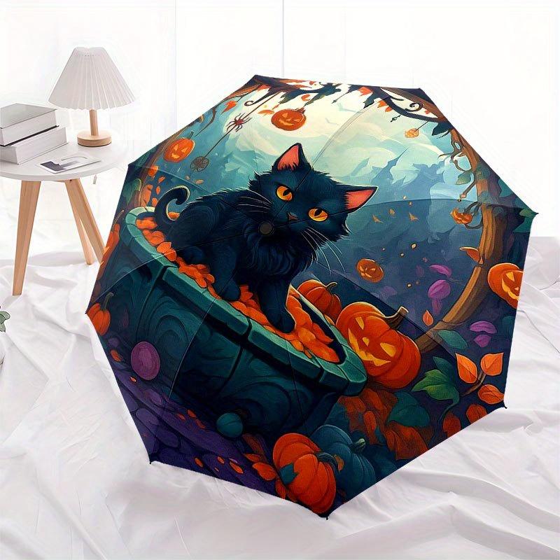 Halloween Black Cat with Pumpkins Round Rug Umbrella, Portable 3-Fold Compact Umbrella for Men & Women R145