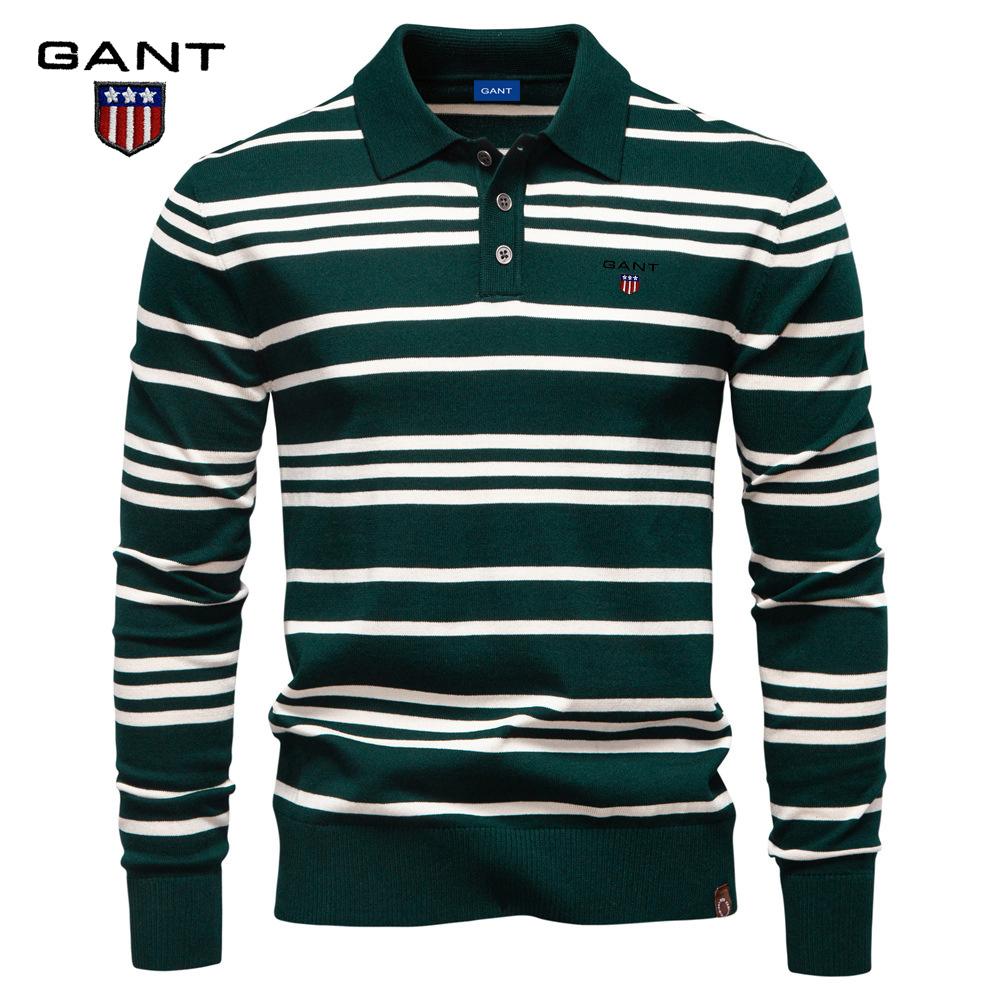 Gant 2025 Autumn/Winter Embroidery New Large Collar Men's Striped Sweater Polo Collar Knitted Sweater Men