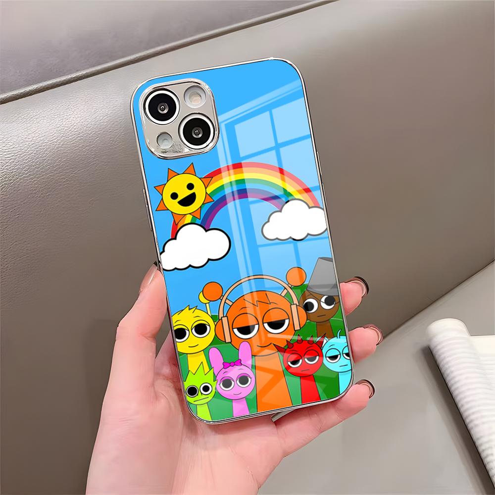 Kreslený herný obal Sprunki na telefón pre iPhone 17 Pro Max 15 Pro 16 14 Plus 12 13 Mini 11 Pro Nárazuvzdorný galvanicky pokovovaný sklenený kryt